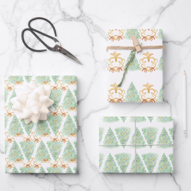 Weihnachtsbäume Wasserfarbe Gold Jahrtausende alt Geschenkpapier Set (Vorderseite)