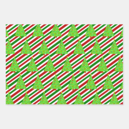Weihnachtsbäume, Weihnachtsfarben Streifen Geschenkpapier Set