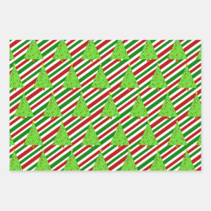 Weihnachtsbäume, Weihnachtsfarben Streifen Geschenkpapier Set