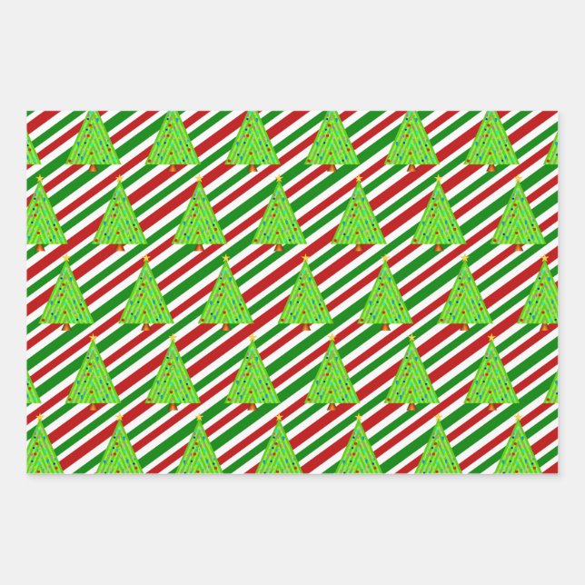 Weihnachtsbäume, Weihnachtsfarben Streifen Geschenkpapier Set (Vorderseite)