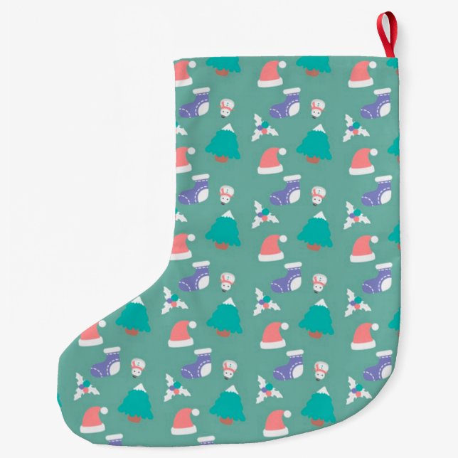 Weihnachtsbäume, Weihnachtsmann und Schneemänner Großer Weihnachtsstrumpf (Rückseite)
