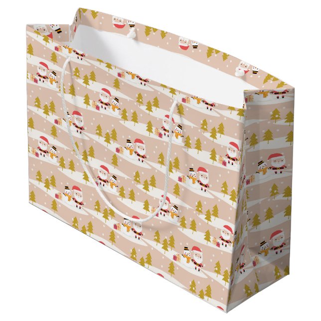 Weihnachtsbäume, Weihnachtsschneemänner Große Geschenktüte (Rückseite Schrägansicht)