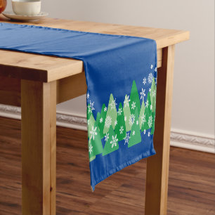 Weihnachtsbäume Weiße Schneeflocken Deep Blue Kurzer Tischläufer