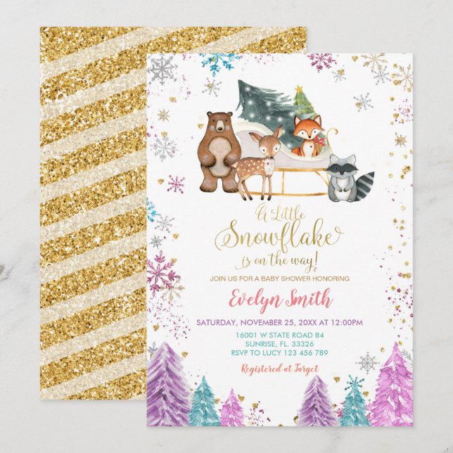 Weihnachtsbäume Winter Woodland Kinderdusche Einladung (Vorne/Hinten)