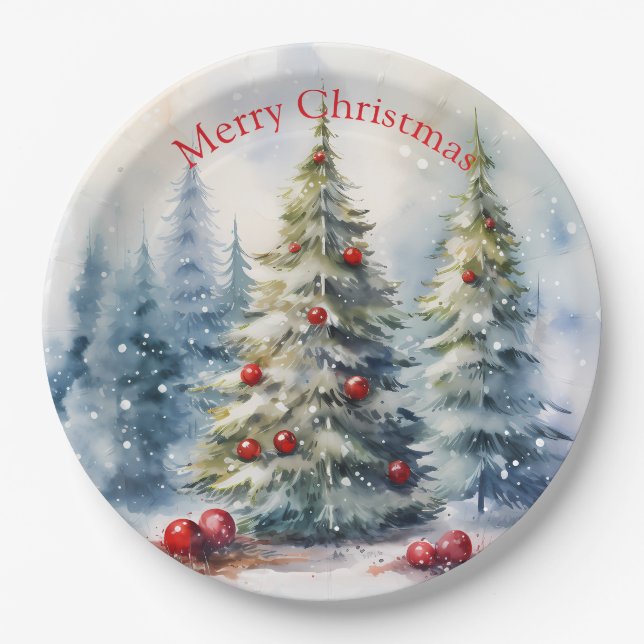 Weihnachtsbäume Winterschneelandschaft Pappteller (Vorderseite)