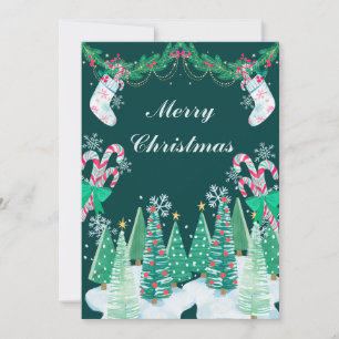 Weihnachtsbäume, Zuckerstangen und Strümpfe Feiertagskarte