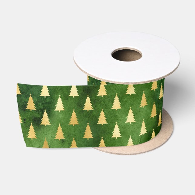Weihnachtsbaumen aus Gold auf Grün Satinband (Spule)