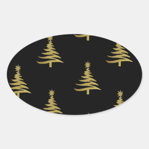 Weihnachtsbaumen Gold auf schwarz Ovaler Aufkleber