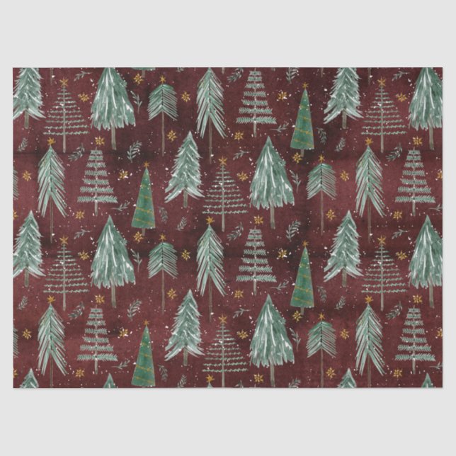 Weihnachtsbaumen Gold Stars Burgund Rustikales Hol Seidenpapier (Vorderseite)
