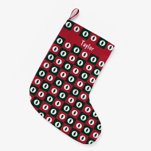 Weihnachtsbaumen Rot Grün und Weiß Muster & Name Kleiner Weihnachtsstrumpf (Vorderansicht (hängend))