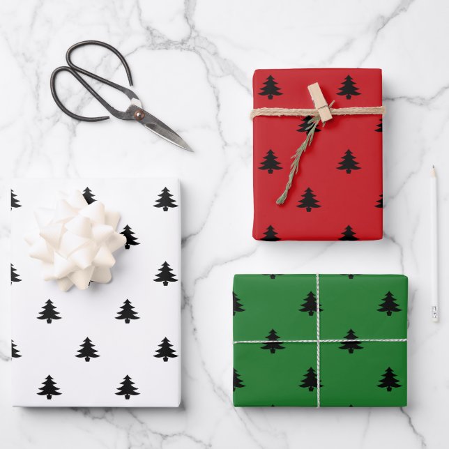 Weihnachtsbaumen schwarz-weiß-grün minimalistisch geschenkpapier set (Vorderseite)