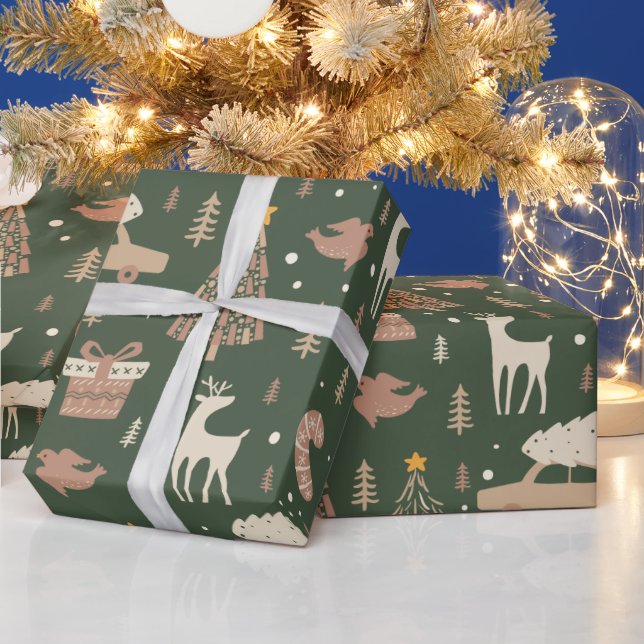 Weihnachtsbaumen Stars Reindeer Green Weihnachten Geschenkpapier (Feiertage)