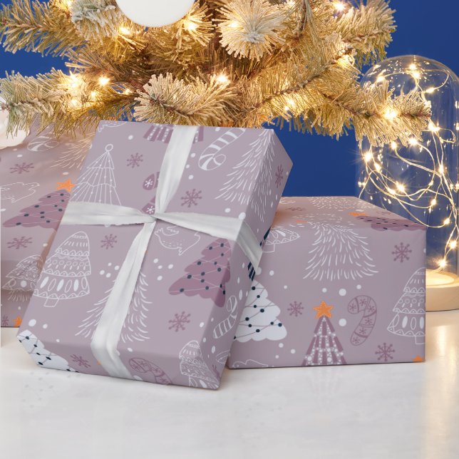 Weihnachtsbaumen Tauben Schneeflocken Grau Weihnac Geschenkpapier (Feiertage)