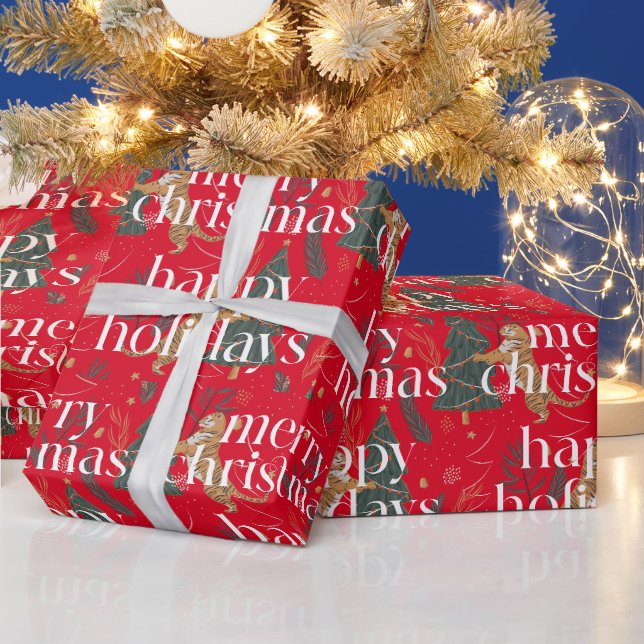 Weihnachtsbaumen & Tigers Weiße Typografie Geschenkpapier (Feiertage)