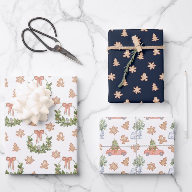Weihnachtsbaumen und Lebkuchen Geschenkpapier Set (Vorderseite)