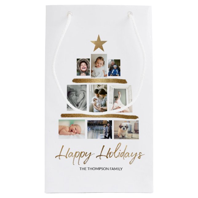 Weihnachtsbaumfamilie Foto Collage Happy Holidays Kleine Geschenktüte (Rückseite)