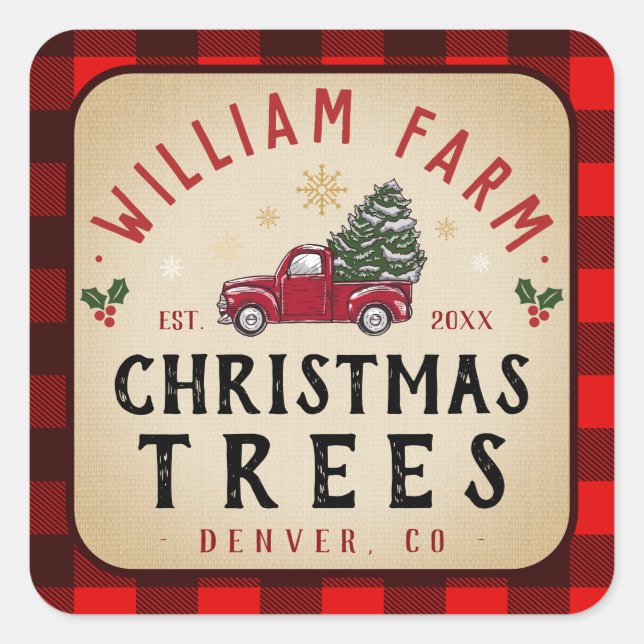 Weihnachtsbaumfarm Pine Trees Bauernstil Quadratischer Aufkleber (Vorderseite)