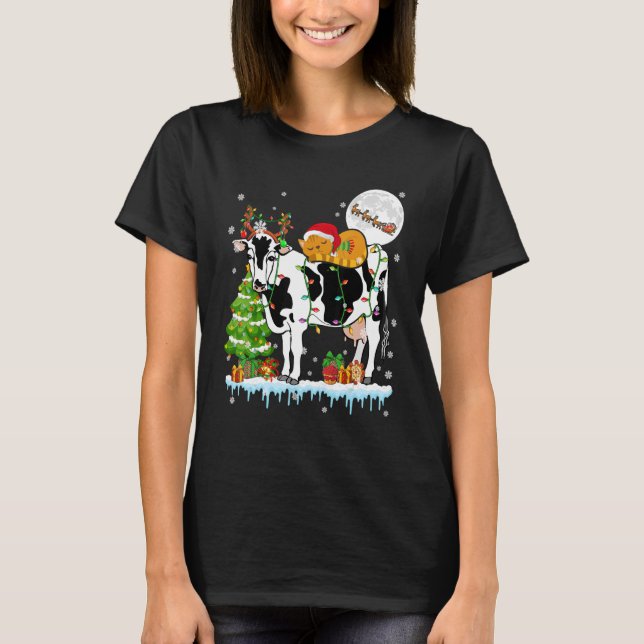 Weihnachtsbaumfarm Santa Cat Ridding Rentierfarm T-Shirt (Vorderseite)