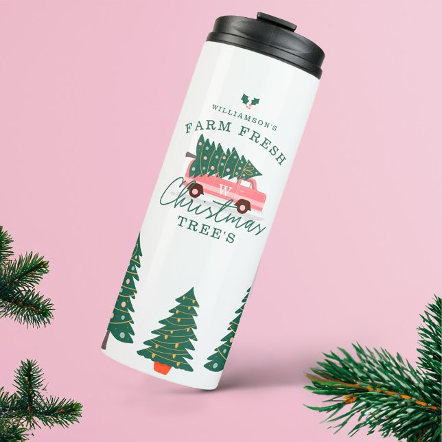 Weihnachtsbaumfarm Vintag Retro Pink Van Thermosbecher (Festive Christmas Tree Farm Vintage Retro Pink Van Thermal Tumbler)