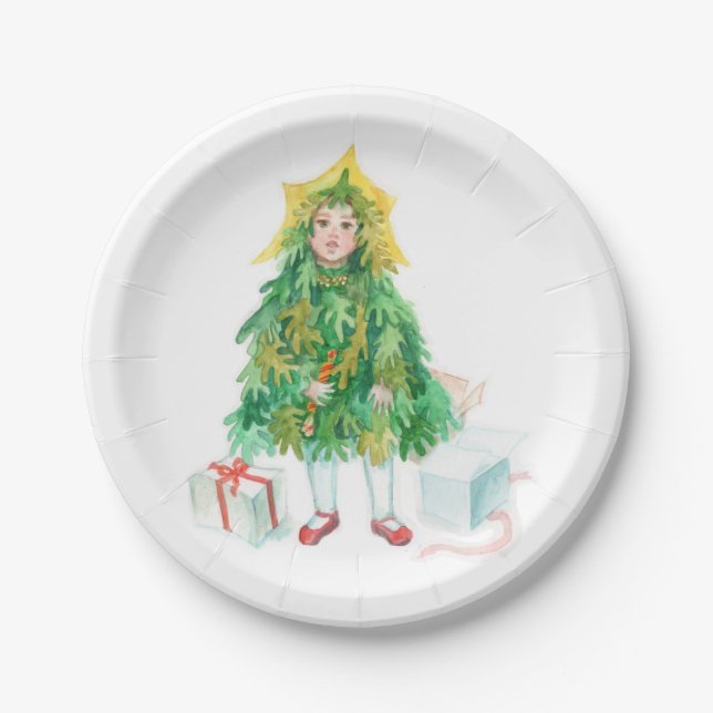 Weihnachtsbaumfest - niedliches kleines Mädchen Pappteller (Vorderseite)