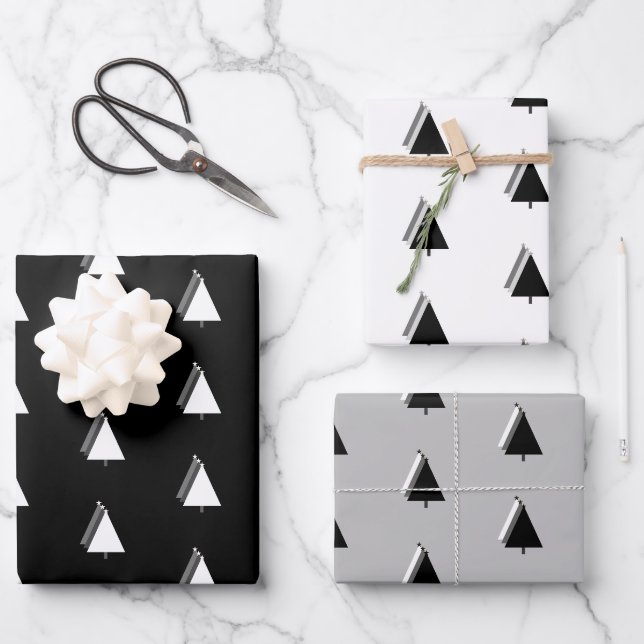 Weihnachtsbaumfest Schwarz-weiß grau Geschenkpapier Set (Vorderseite)