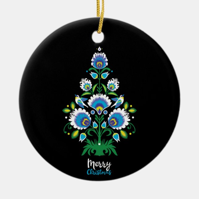 🎄 Weihnachtsbaumfolklore [weiß, blau] Keramik Ornament (Vorne)