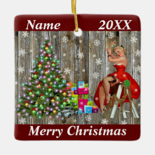 Weihnachtsbaumfrau in Rotem Kleid Rustikale Barnen Keramikornament