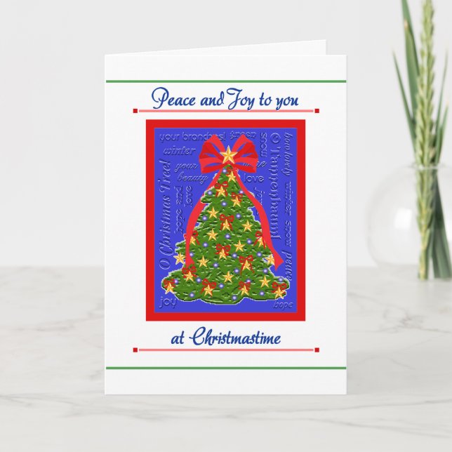 Weihnachtsbaumkarte, Frieden u. Freude, Feiertagskarte (Vorderseite)