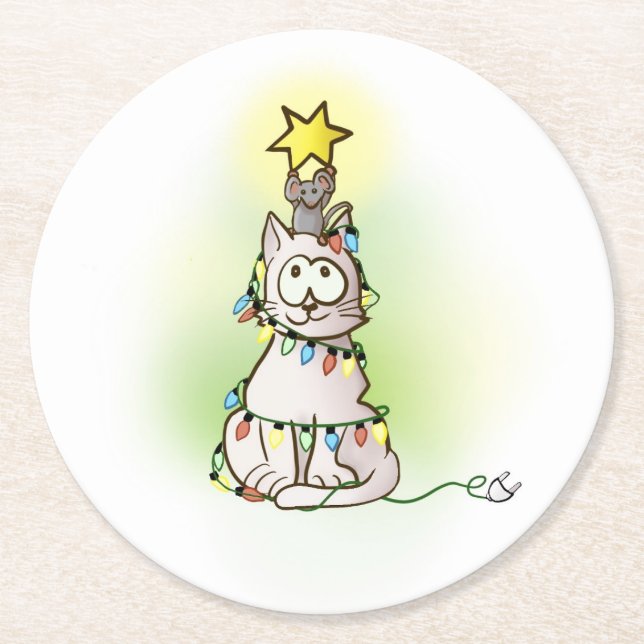 Weihnachtsbaumkatze und Maus mit Shiny Star Ceram Runder Pappuntersetzer (Vorderseite)