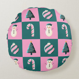 Weihnachtsbaumkerzenschneemann, rosa Cyan Rundes Kissen