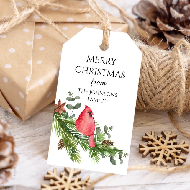 Weihnachtsbaumkiefer im Kardinal Geschenkanhänger (Watercolor Christmas cardinal bird pine tree Gift Tags)