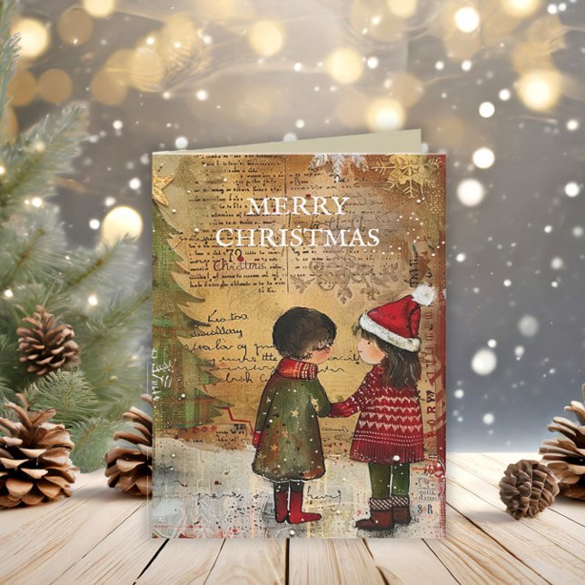 Weihnachtsbaumkinder Winterschnee Feiertagskarte (Folded vintage "Merry Christmas" greeting card)