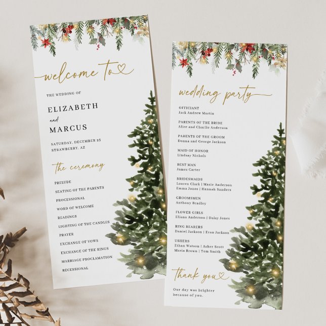 Weihnachtsbaumlichter Kiefer Winterhochzeitsprogra Programm (Christmas wedding program with watercolor pine tree and winter greenery, elegant holiday ceremony)
