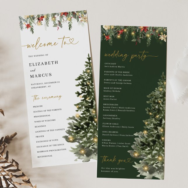 Weihnachtsbaumlichter Tannen Winter Hochzeitsprogr Programm (Christmas wedding program with watercolor pine tree and winter greenery, elegant holiday ceremony)
