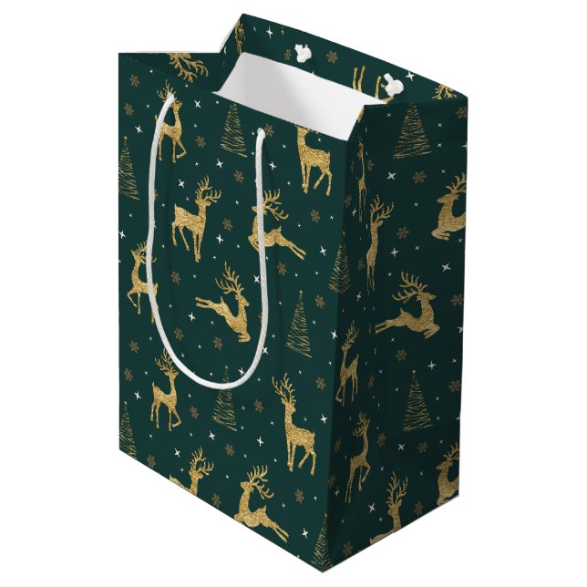 Weihnachtsbaummuster der Goldenen Rentiere ID853 Mittlere Geschenktüte (Rückseite Schrägansicht)
