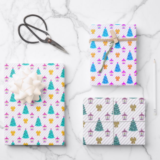 Weihnachtsbaummuster in 3 Blautönen Geschenkpapier Set (Vorderseite)