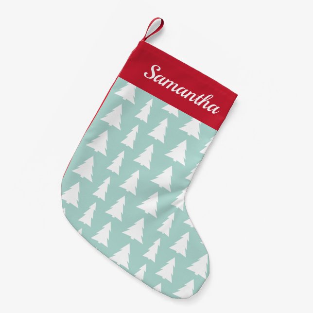 Weihnachtsbaummuster Mint Grüner Individuelle Name Kleiner Weihnachtsstrumpf (Vorderansicht (hängend))