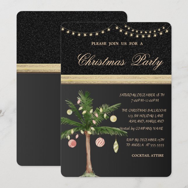 Weihnachtsbaumpalme, Schwarz, Weihnachts-Party Einladung (Vorne/Hinten)