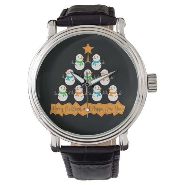 Weihnachtsbaumpyramide aus Weihnachtsschneemännern Armbanduhr (Vorderseite)