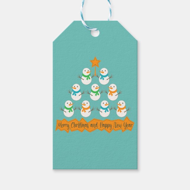 Weihnachtsbaumpyramide aus Weihnachtsschneemännern Geschenkanhänger (Vorderseite)