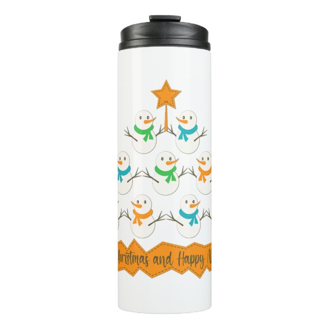Weihnachtsbaumpyramide aus Weihnachtsschneemännern Thermosbecher (Vorderseite)