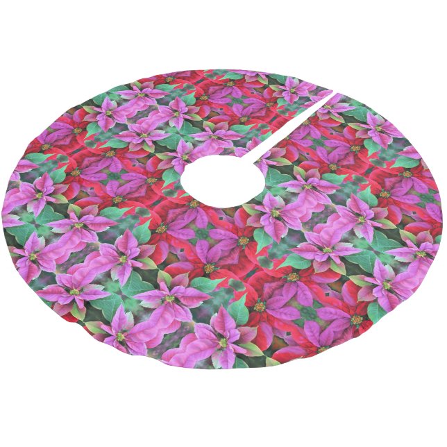 Weihnachtsbaumrock - Rosa/Rote Poinsettias. Polyester Weihnachtsbaumdecke (Schrägansicht)