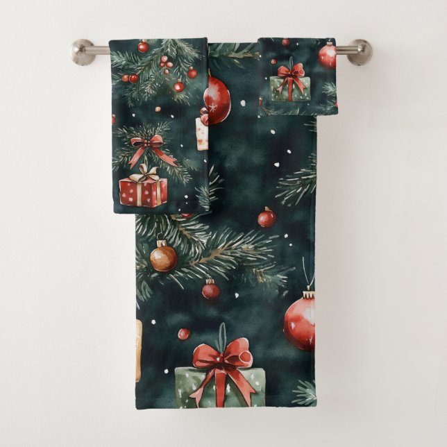 Weihnachtsbaumschmuck und Geschenkmuster Badhandtuch Set (Insitu)
