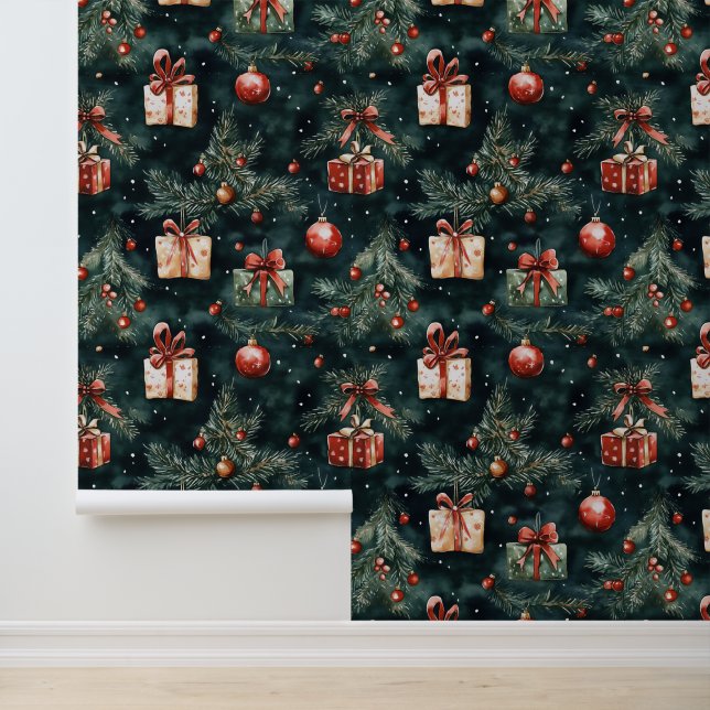 Weihnachtsbaumschmuck und Geschenkmuster Tapete (Anwendung)