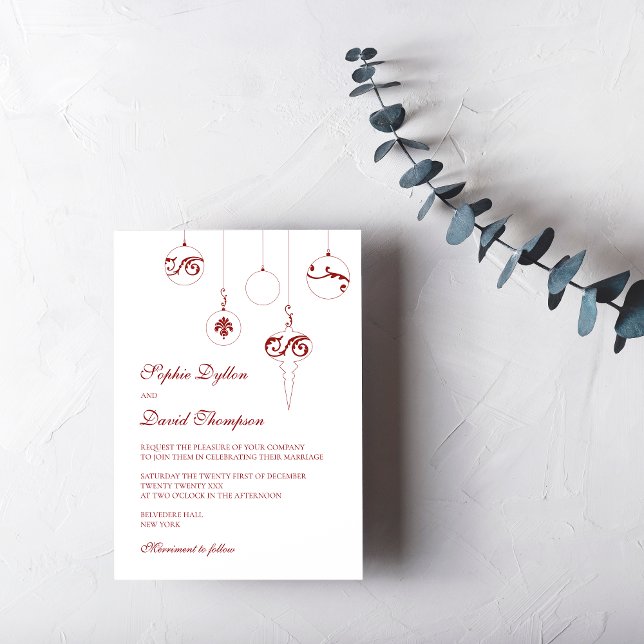 Weihnachtsbaumschmuck Winterroter Hochzeit Einladung (Christmas Baubles Wedding Invitation - Berry Red Winter Wedding)