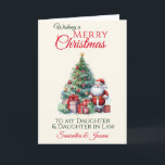 Weihnachtsbaumtochter und Tochter im Jura Feiertagskarte<br><div class="desc">Eine wunderschöne Weihnachtskarte für Ihre Tochter und Tochter im Gesetz, bestehend aus dem Weihnachtsmann, stehend neben einem wunderschön dekorierten Weihnachtsbaum mit Bausteinen und Tinkel, umgeben von verpackten Geschenken. Alle Texte können individuell angepasst werden, dann mit Namen und Insider-Nachricht personalisiert werden, die Hintergrundfarbe kann bei Bedarf geändert oder entfernt werden -...</div>
