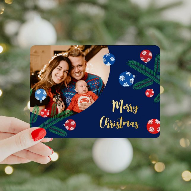 Weihnachtsbaumzweig mit Schneeflockendekorationen Folien Feiertagskarte (Christmas tree branch foil card with your photo and text)