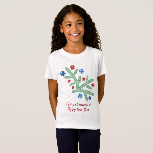 Weihnachtsbaumzweig mit Schneeflockendekorationen T-Shirt (Vorne ganz)
