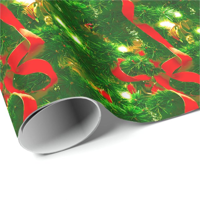 Weihnachtsbaumzweige und Rote Ribbons Geschenkpapier (Rolleneckpunkt)