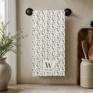 Weihnachtsbeeren und Laub Familienname Geschirrtuch